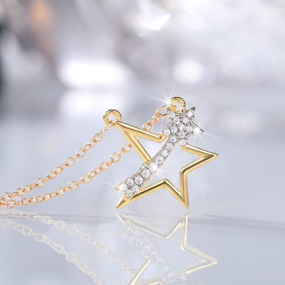 💥Crystal Clear Micro Pave Hollow 14K Gold Plated Star Pendant Necklace MARR9009